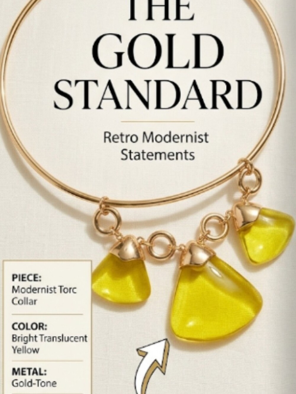 Gold-Tone Modernist Torc Collar Necklace with Bright Yellow Glass Charms